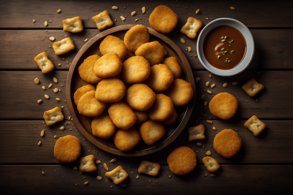 Chicken nuggets: A plate of crispy breaded chicken nuggets with dipping sauces