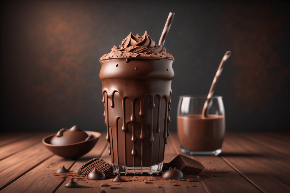 Chocolate milk: A cold glass of chocolate milk with a straw