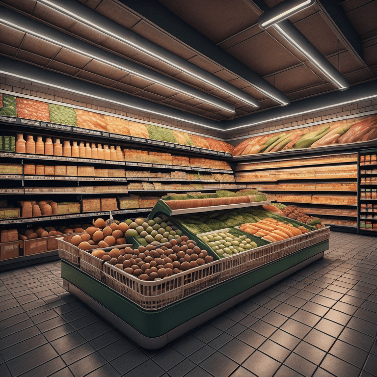 A bustling grocery store filled with shoppers shopping for their groceries. The store is arranged into different sections with colorful signs hanging from the ceiling, including produce, meats, dairy, bakery, and more. The shelves are well-stocked with bright, neatly arranged packages and products. Customers are pushing carts, selecting their items and checking them off a list. The sound of chatter and carts rolling over tiled floors can be heard in the background."