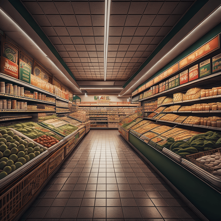 A brightly lit, spacious room with tall shelves filled with a variety of food items such as fresh fruits and vegetables, dairy products, baked goods, meat and poultry, and packaged items. Shoppers are pushing carts and browsing the aisles, while store employees are stocking shelves or assisting customers. At the checkout, cashiers are scanning items and shoppers are paying for their purchases."